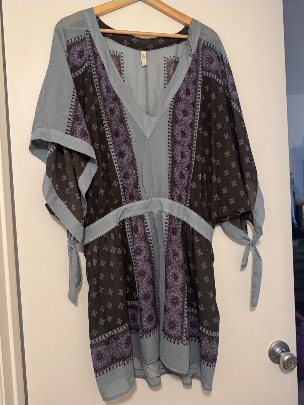 Free People Black and Dusty Blue Mini Dress with Purple Print